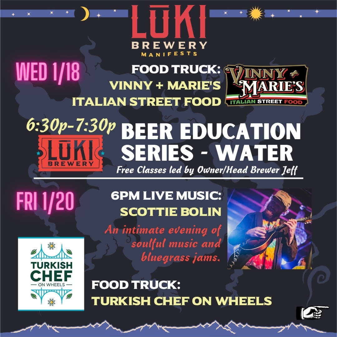 Lukibrew's tweet photo. Fun week ahead, with the first of our free beer education series (link in profile), live music from Scottie Bolin, and more NFL and Premier League action!  We're open at Noon today! #drinklocal #brewery #craftbeerlife #premierleague #nfl #livemusic #arvada #stateofcraftbeer https://t.co/Mh36lZ6tho