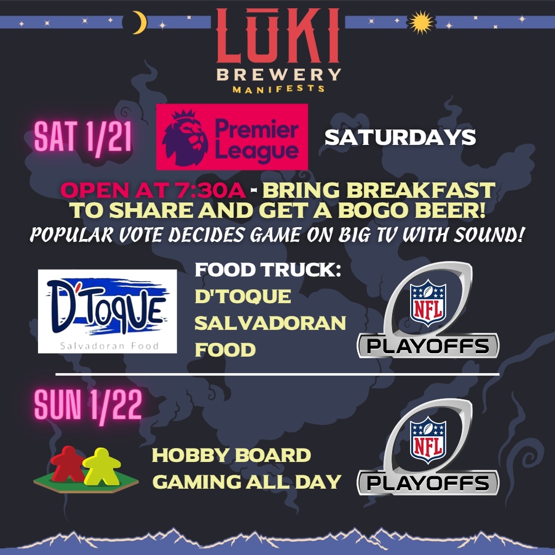 Lukibrew's tweet photo. Fun week ahead, with the first of our free beer education series (link in profile), live music from Scottie Bolin, and more NFL and Premier League action!  We're open at Noon today! #drinklocal #brewery #craftbeerlife #premierleague #nfl #livemusic #arvada #stateofcraftbeer https://t.co/Mh36lZ6tho