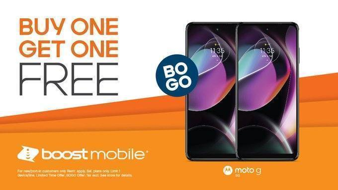 BoostBarker's tweet photo. Free phones? We’ve got them! Buy one motorola moto g 5G and get the second one free, or get them BOTH free when you make the switch to Boost Mobile. 
Get this BOGO while you can from 8/26 through 10/13/22. #BoostMobile #motorola https://t.co/SVmPSgAMcm