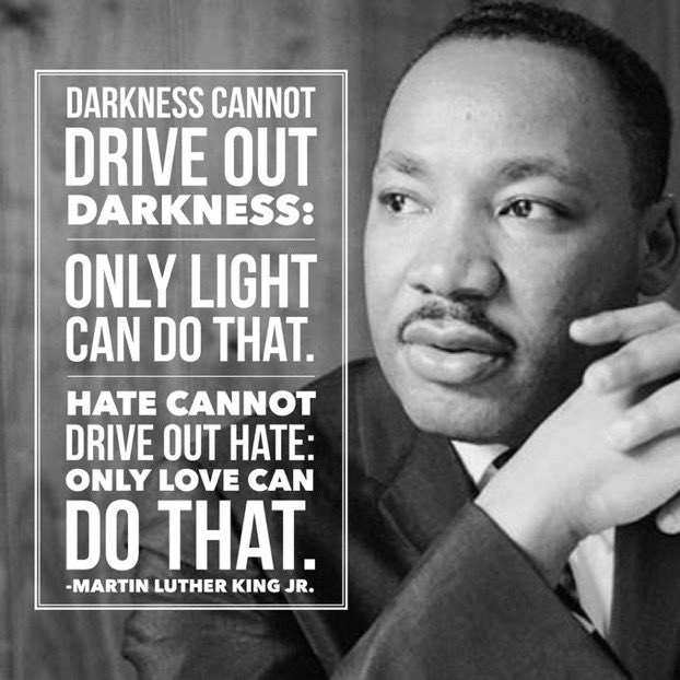 Darkness cannot
Drive out darkness:
Only light can do that.
Hate cannot 
Drive out hate:
Only love can do that.

- Dr. Martin Luther King Jr.
#MLKDay #MLKDay2023 #MLK #mlkdayofservice