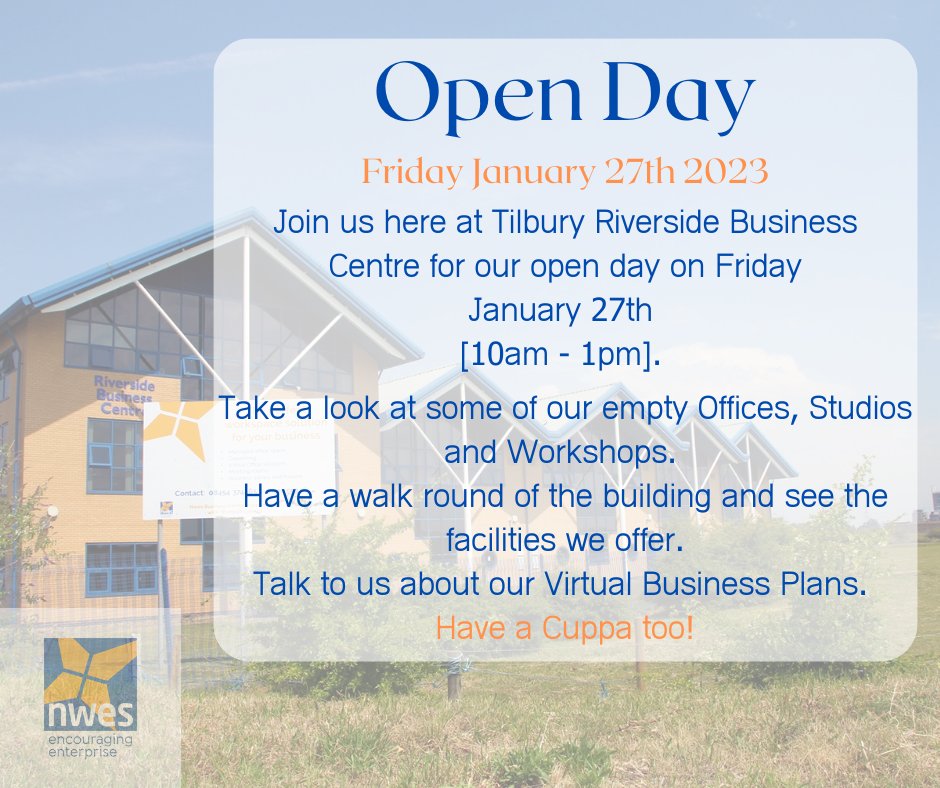 Join us here at Tilbury Riverside Business Centre for our open day on Friday January 27th 
[10am - 1pm]. Take a look at some of our empty Offices, Studios and Workshops. Have a walk round of the building and see the facilities we offer.
Talk to us about our Virtual Business Plans