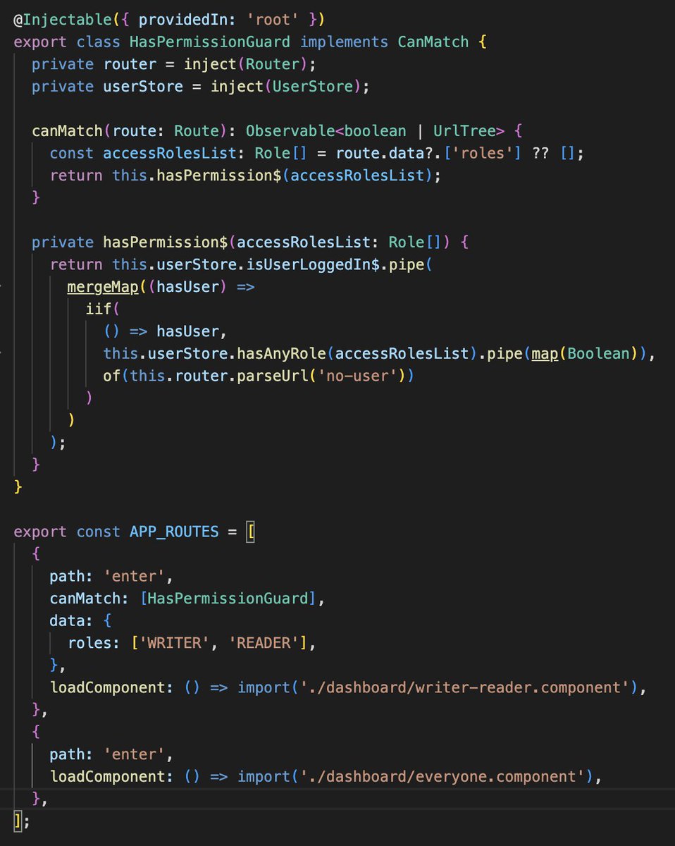 laforge_toma's tweet image. Here is a small snippet to demonstrate to skeptical #Angular developers that deprecating the guard as a service in favor of the functional guard is the right decision.

✅better DX
✅less error-prone
✅more reusable
✅less boilerplate code
✅easier to read