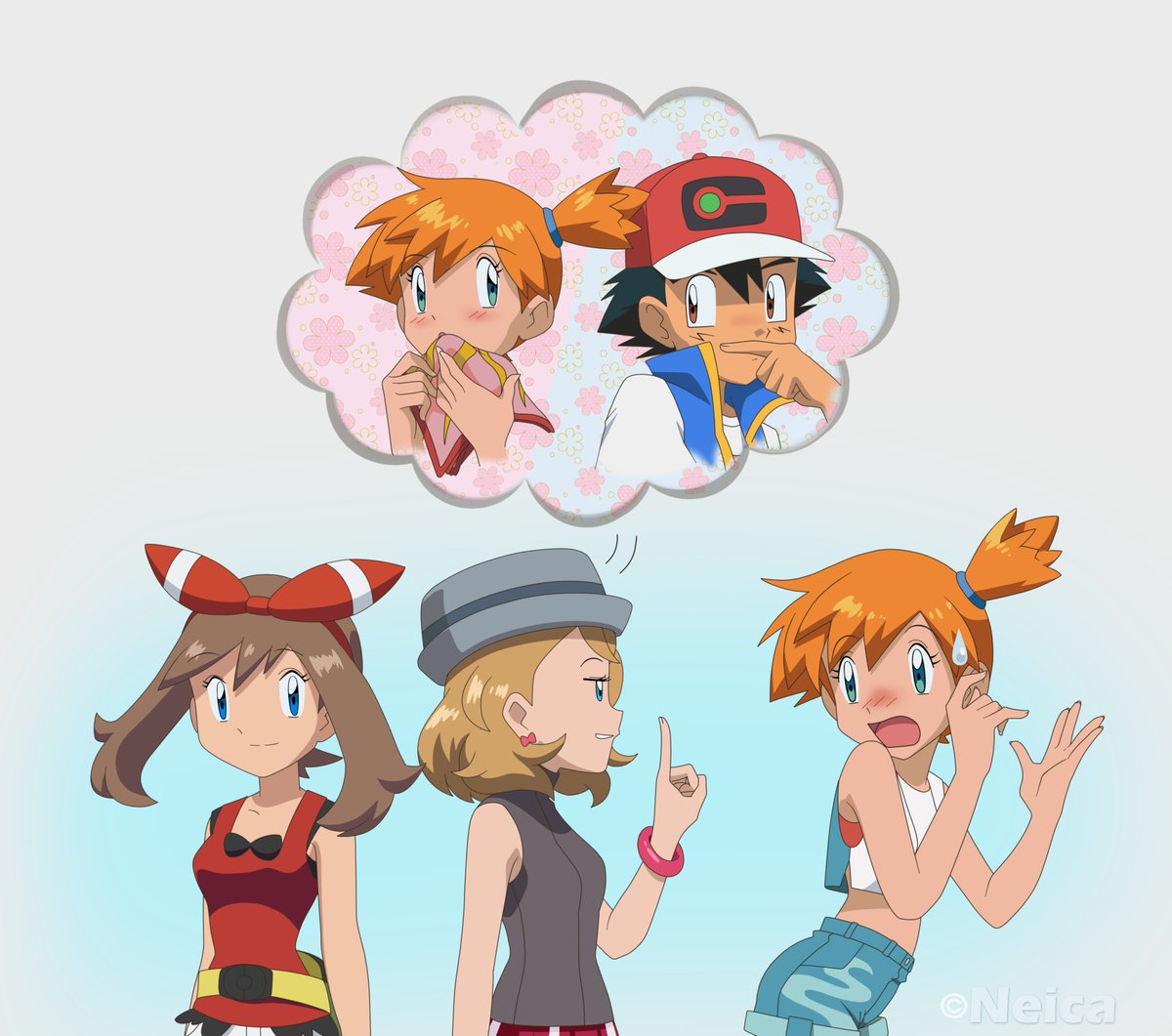 Neica92's tweet photo. This presentation took on a hilarious connotation becoming a gag: Serena watches Misty teasing Ash. She notices that Ash cares about Misty's opinion of him, so Serena teases Misty about the secret crush Misty is hiding from Ash.
#アニポケ #anipoke #サトカス 
#Pokeshipping #Misty https://t.co/dLk2fbDSJv