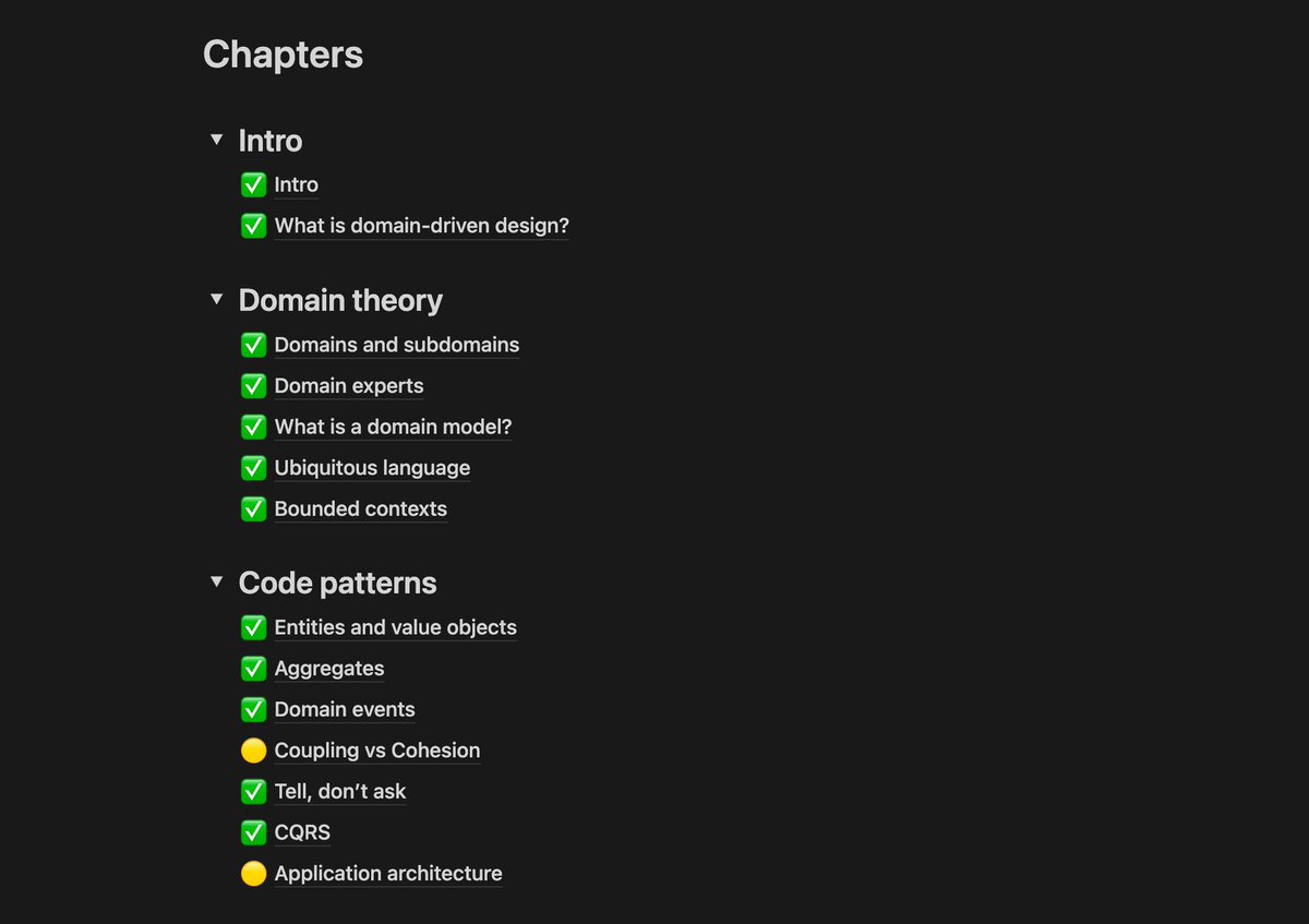 Progress update for discoveringddd.com

The structure has evolved since I started writing the content. Chapters marked with ✅ are first-draft complete. Just a couple more to go until I can start putting together something more official.

#buildinpublic #domaindrivendesign