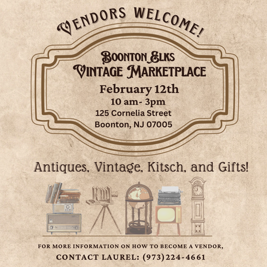 Coming up on February 12 from 10am - 3pm, the Boonton Elks Vintage Marketplace will host 20+ #vintage and #antique dealers in the Morris County New Jersey area. If you are interested in becoming a vendor, contact Laurel Durenberger at 973-224-4661