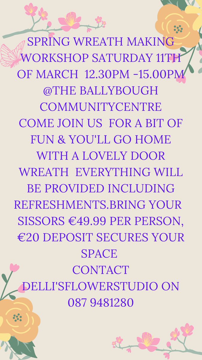 Hi folks  the next workshop will be a fresh Spring doorwreath  on Saturday the 11th of March 12.30PM-15.00PM  will be using seasonal foliage and fillers great value €49.99 deposit€20 to secure your space # Spring door wreath# wreath workshop# fun# foliage# relaxing afternoon#