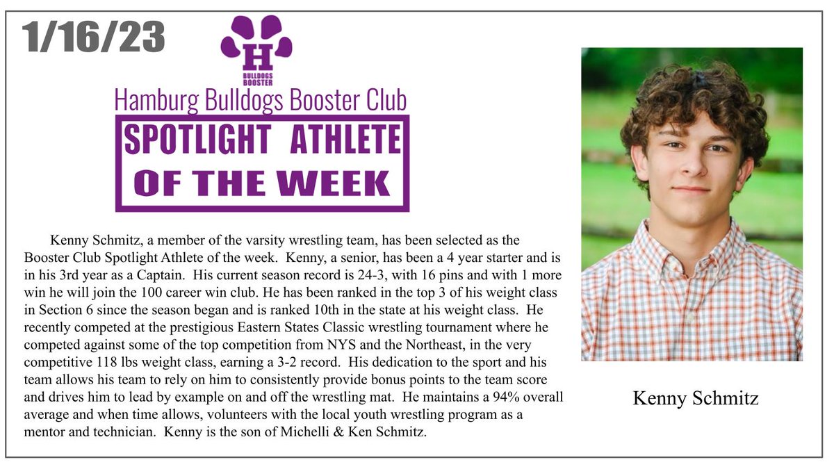 The Hamburg Bulldogs Booster Club is happy to recognize our ‘22-‘23 WINTER Sport Season Spotlight Athlete of the Week for the 1/16/23…

Kenny Schmitz, BV Wrestling!
Congratulations Kenny!
🤼‍♂️💪🏻🐾🟣⚪️

#hamburgbulldogsboosterclub
#spotlightathleteoftheweek
<a href="/WrestleHamburg/">Hamburg High School Wrestling</a>