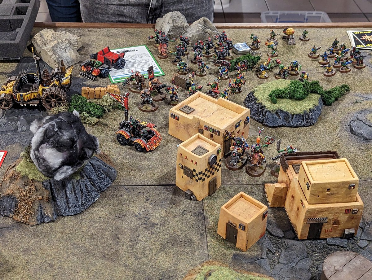 HughWyeth's tweet image. Saw a game of 2nd ed 40k at the cafe- Orks Vs Orks, with terrain that looked straight out of old white dwarf battle reports!! #WarhammerCommunity