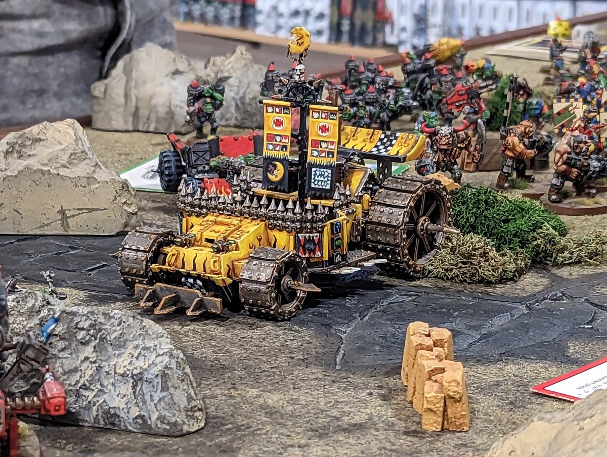 HughWyeth's tweet image. Saw a game of 2nd ed 40k at the cafe- Orks Vs Orks, with terrain that looked straight out of old white dwarf battle reports!! #WarhammerCommunity