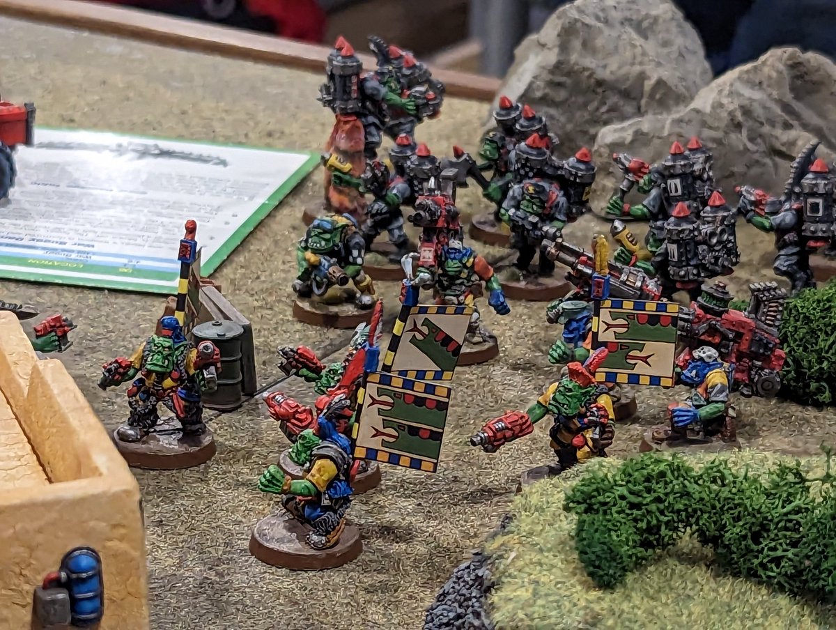 HughWyeth's tweet image. Saw a game of 2nd ed 40k at the cafe- Orks Vs Orks, with terrain that looked straight out of old white dwarf battle reports!! #WarhammerCommunity