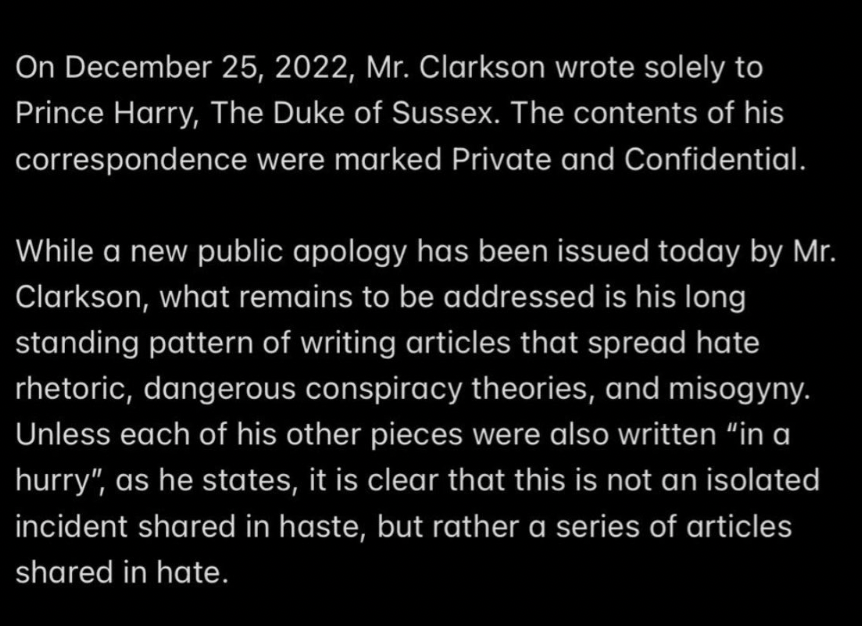 JasonVa28657132's tweet photo. #Jerkson claims he sent an apology to Prince Harry and Meghan but it was only to PH. Funny, I don't recall him saying Harry should be marched naked down the street w/excrement thrown at him. #Jerkson's pocket is being hit so now he sees the light? 🤔#JeremyClarksonisDisgusting https://t.co/r8XAZf0g4v
