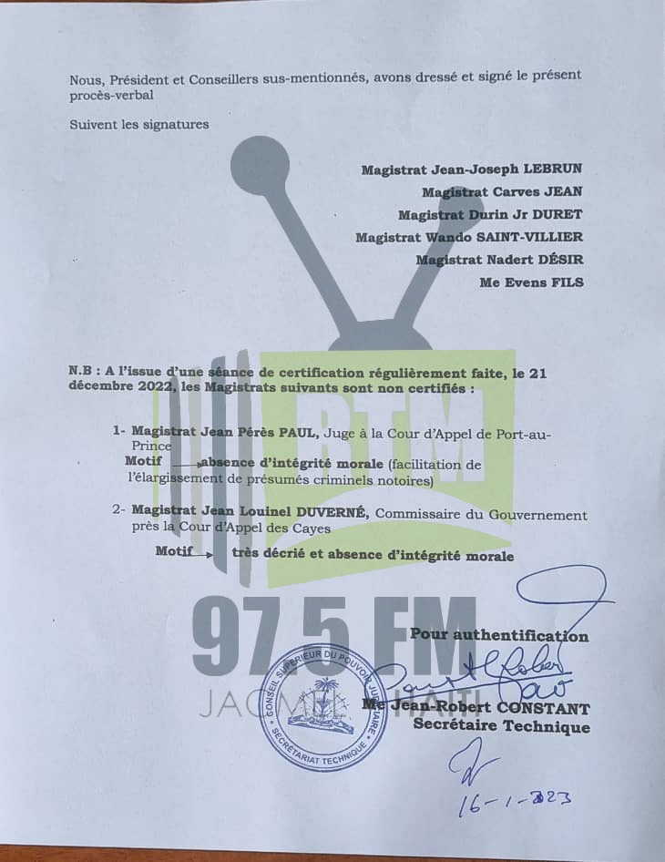 Radio_Metronome's tweet photo. Comme annoncé, nous publions ici la liste des Magistrats (30) non-certifiés par le #CSPJ. Cette liste a déjà été acheminée, ce lundi, au ministre de la justice Emmelie Prophète. https://t.co/BxbT4k5ovV