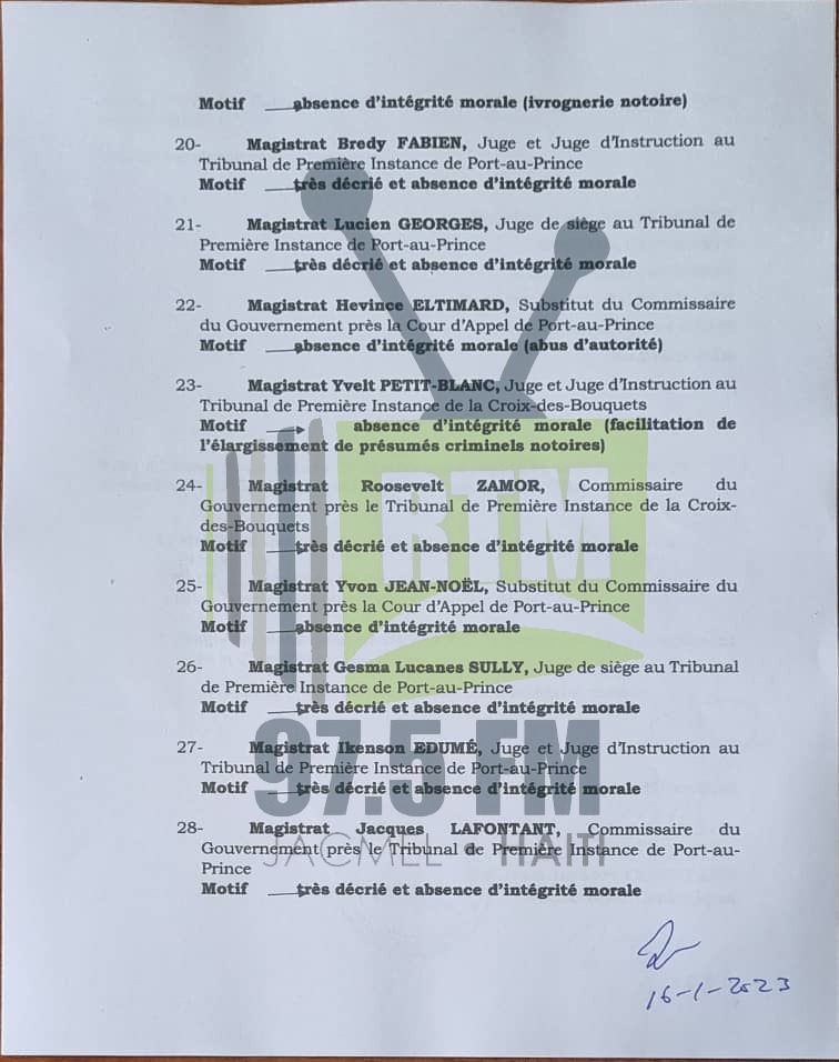 Radio_Metronome's tweet photo. Comme annoncé, nous publions ici la liste des Magistrats (30) non-certifiés par le #CSPJ. Cette liste a déjà été acheminée, ce lundi, au ministre de la justice Emmelie Prophète. https://t.co/BxbT4k5ovV