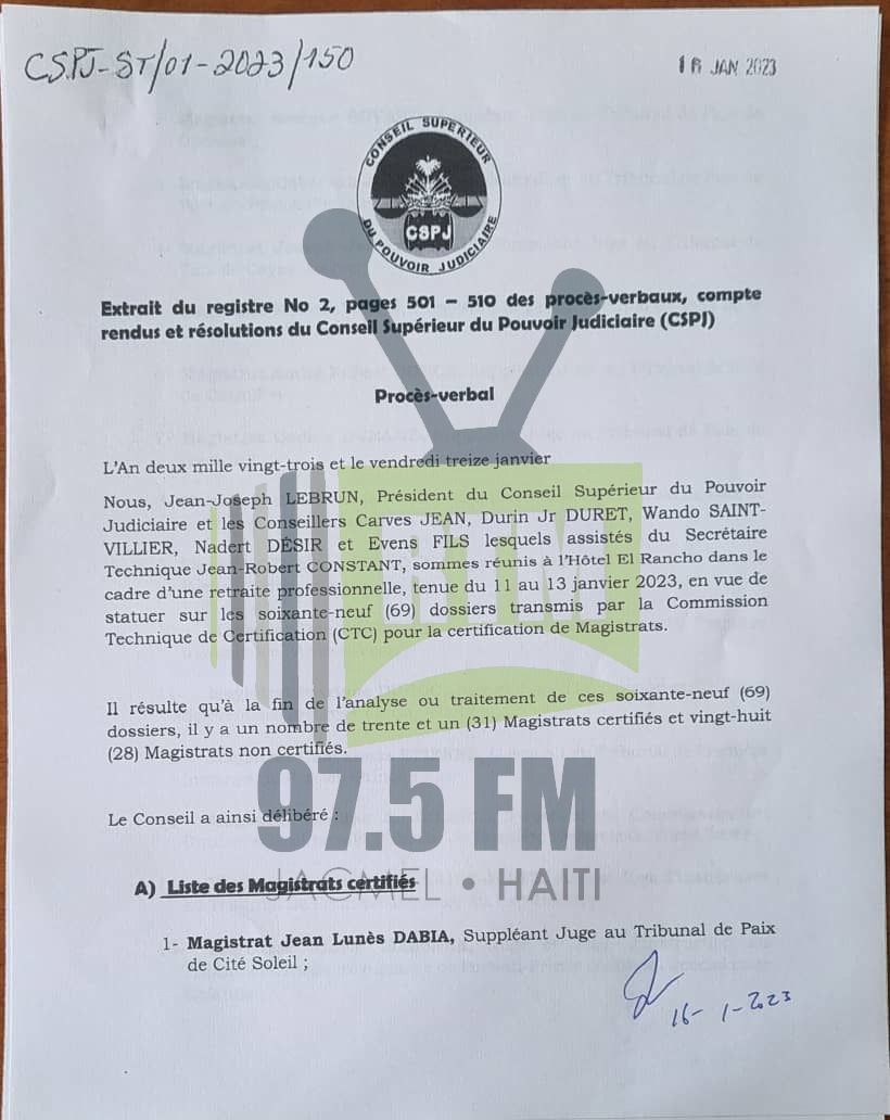 Radio_Metronome's tweet photo. Comme annoncé, nous publions ici la liste des Magistrats (31) certifiés par le CSPJ. Cette liste a déjà été acheminée, ce lundi, au ministre de la justice Emmelie Prophète. https://t.co/sZEnHa3A2P