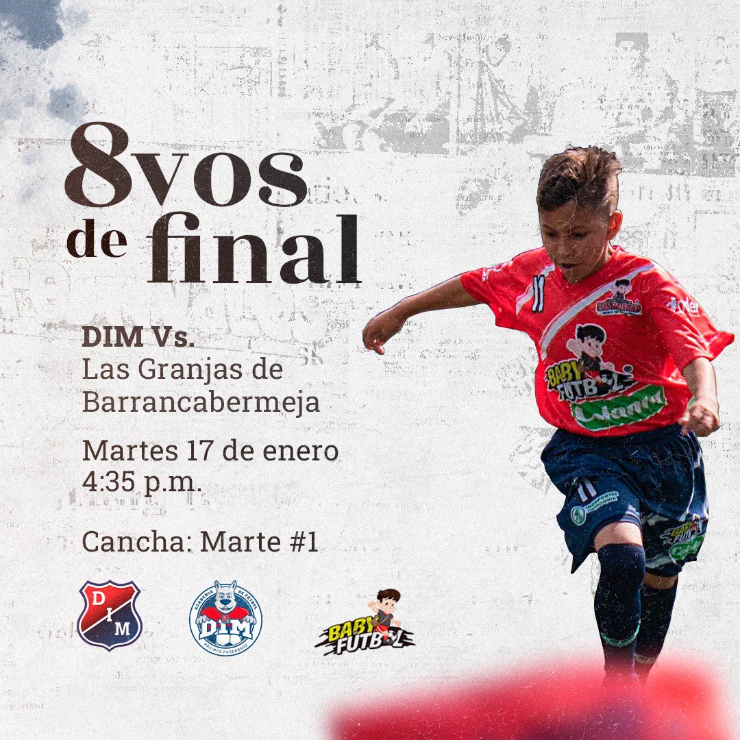 [🔴🔵🙌] ¡Este martes juega el #Poderoso!💪

🏆 Octavos de Final - Festival Baby Fútbol
 
⚽️DIM 🆚 Las Granjas de Barrancabermeja 
🏟 Marte #1
⏰ 4:35 p.m.

¡Vamos muchachos, vamos Medellín! ❤️💙

#CanteraDIM #VamosPoderoso