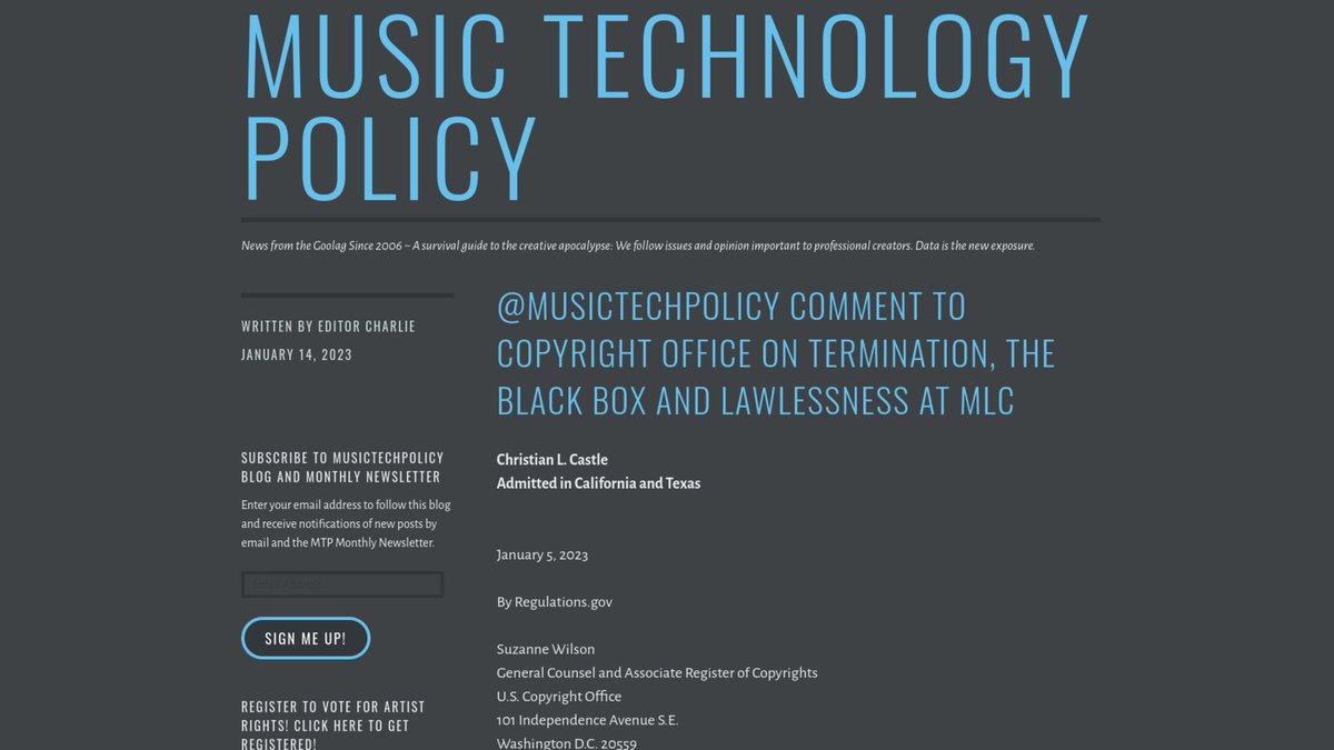 <a href="/musictechpolicy/">MusicTechPolicy.com</a> Comment to Copyright Office on Termination, the Black Box and Lawlessness at MLC - fairnessrocks.com/musictechpolic…