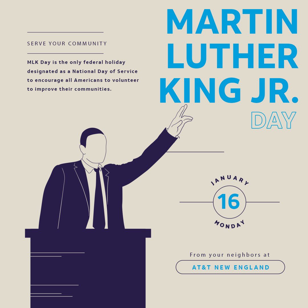 Hey New England! AT&amp;T has a history of serving their community, and in honor of Martin Luther King Jr. we’re encouraging all employees to get out there and do a small act to serve their communities. Be the change you want to see in the world! 🎉