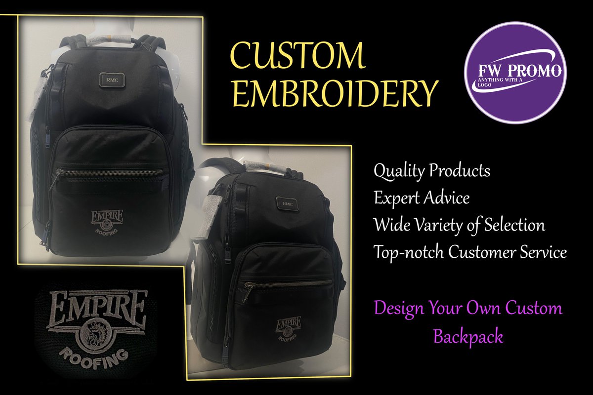 FWPromo's tweet photo. A Custom backpack is a lasting way to promote your company, school, event or team spirit on the go
πCall us today to customize your order 817-231-8040
We appreciate your order @EmpireRoofingβ€οΈ
#custommade #customdesign #custombackpack #embroidery #fwpromo #screenprinting $ADMQ https://t.co/pbJqgThgxv