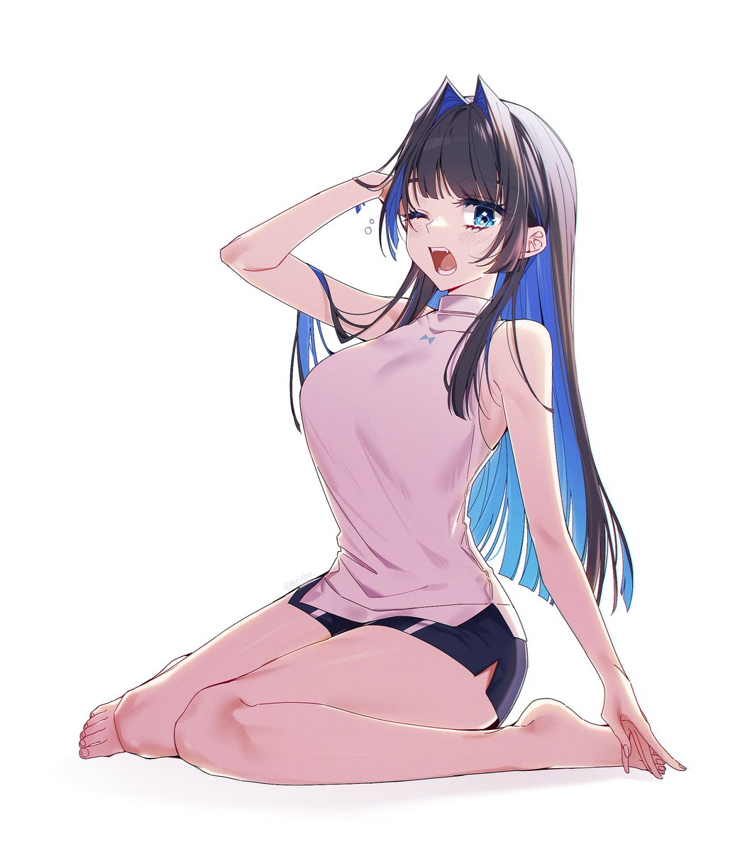 1girl bangs barefoot black hair blue eyes blue hair breasts  illustration images