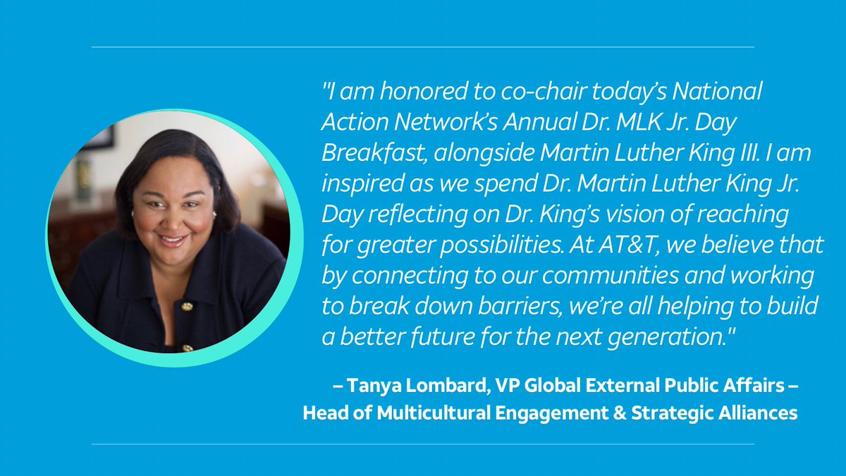 ATTPublicPolicy's tweet photo. Tanya Lombard, VP of Global External Affairs at AT&amp;T, co-chaired the National Action Network's Annual MLK Breakfast with MLK III to honor Dr. King's legacy this #MLKDay, including a keynote from Pres. Biden. https://t.co/pUPjtnvevB