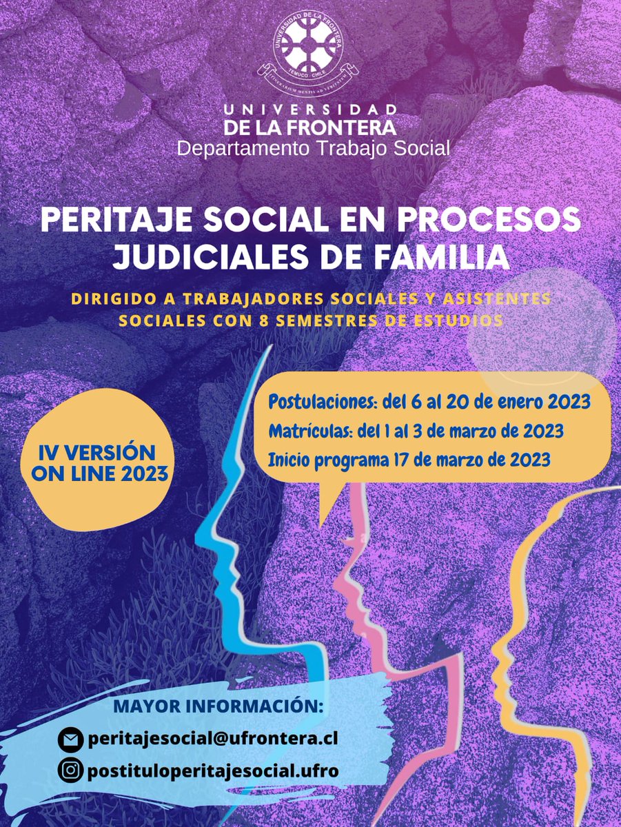 vinculafecsh's tweet photo. IV versión online 2023 del postítulo "ᴘᴇʀɪᴛᴀᴊᴇ ꜱᴏᴄɪᴀʟ ᴇɴ ᴘʀᴏᴄᴇꜱᴏꜱ ᴊᴜᴅɪᴄɪᴀʟᴇꜱ ᴅᴇ ꜰᴀᴍɪʟɪᴀ".
Postulaciones hasta el 20 de enero del 2023.
#UFrontera #TrabajoSocial #Traso #Ufro #Humanidades #FECSH #Temuco #LaAraucania #AsistenteSocial #PeritajeSocial https://t.co/o90ohU1qzi