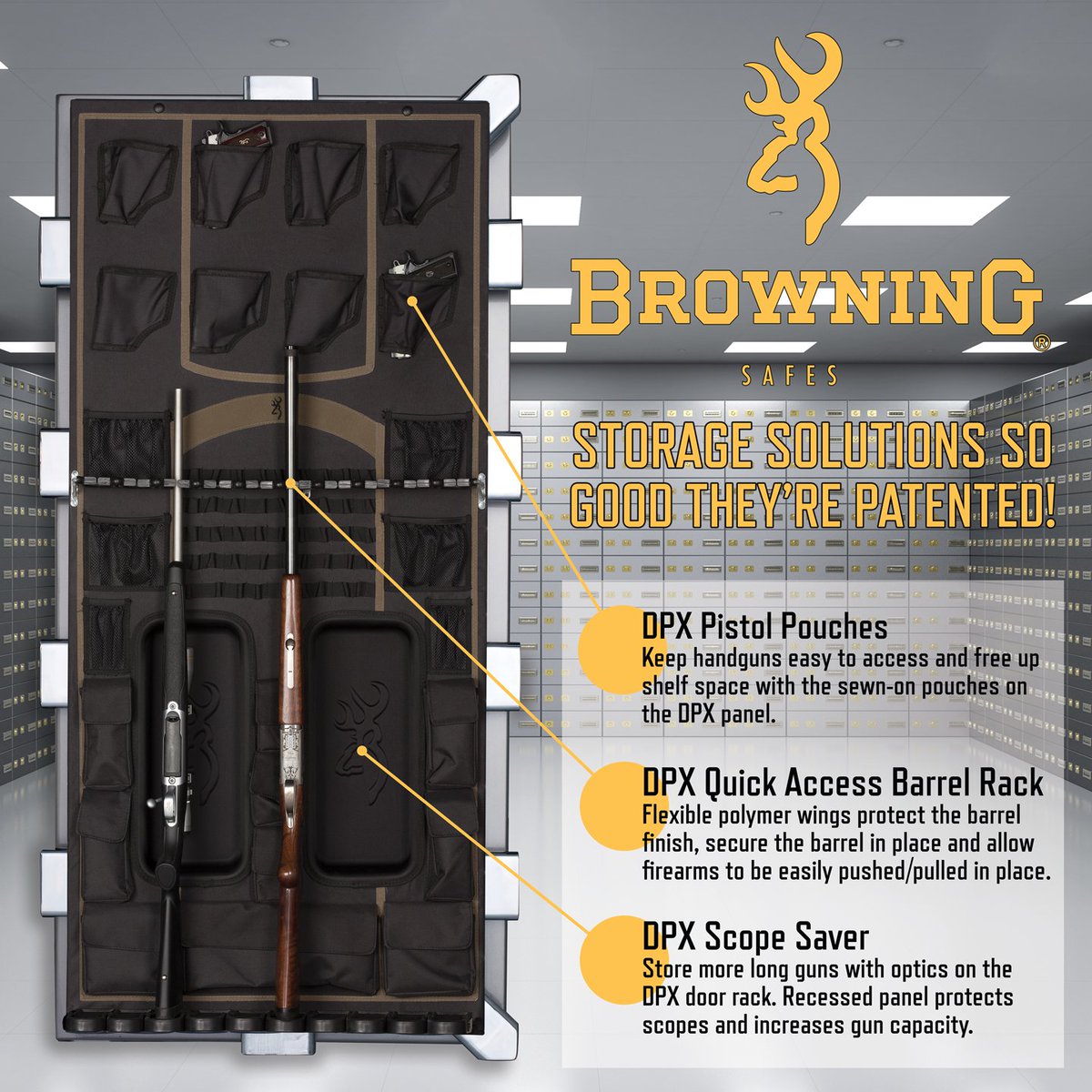 BrowningSafe's tweet photo. The #BrowningSafes #DPX Door Storage Panel with the patented Quick Access Barrel Rack and Scope Saver allows you to store gear, valuables, handguns and long guns on the back of the door, giving you fast and easy access.

#TrustedProtectionLegendaryPerformance https://t.co/txjSxYiMbG