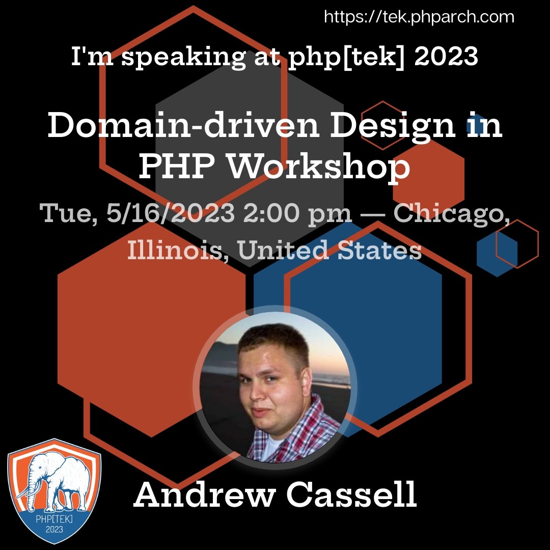 Excited to announce that Andrew Cassell ( <a href="/alc277/">Andrew Cassell</a> ) will be speaking at #PHPTek on the topic of "Domain-driven Design in PHP"! Don't miss out, register now: tek.phparch.com