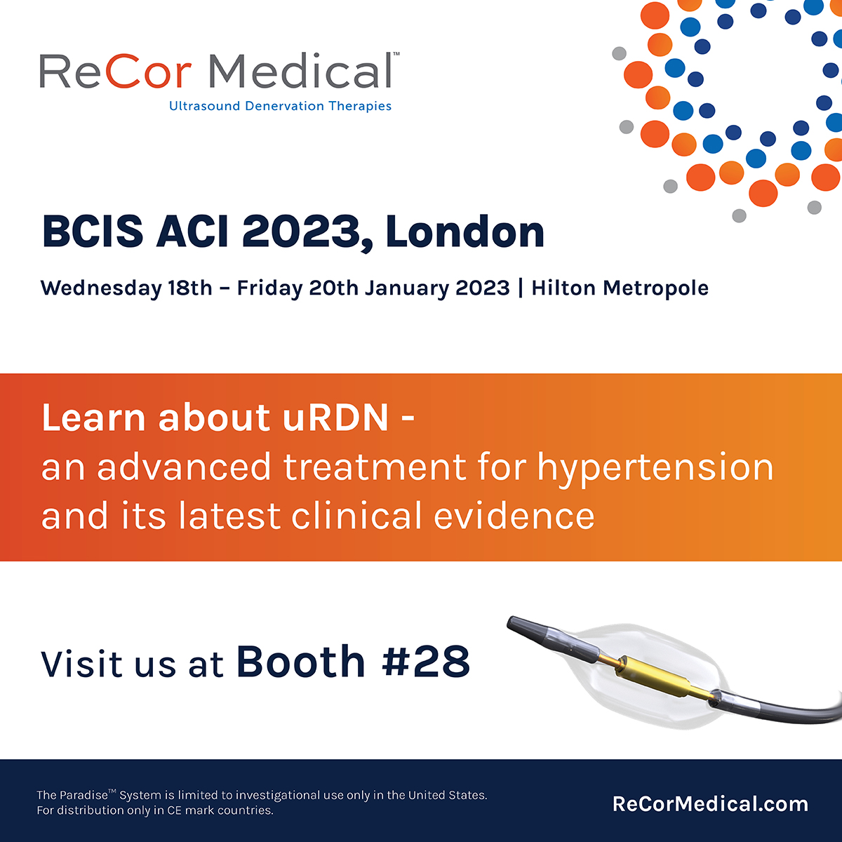 RecorMedical's tweet photo. Attending #BCISACI 2023?
Visit us at our booth# 28 to learn more about Ultrasound Renal Denervation and its latest clinical results.
Date: Wed 18th - Fri 20th Jan 2023
Location: Hilton Metropole, London
Learn more https://t.co/3ws4s6LI34

#uRDN #RenalDenervation #hypertension https://t.co/Ybk1gBV28Z