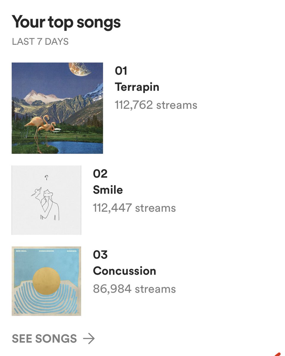 today, terrapin surpassed smile in weekly streams. in a few days, ill have a new #1 song on my spotify top 5 for the first time since i was 18.
