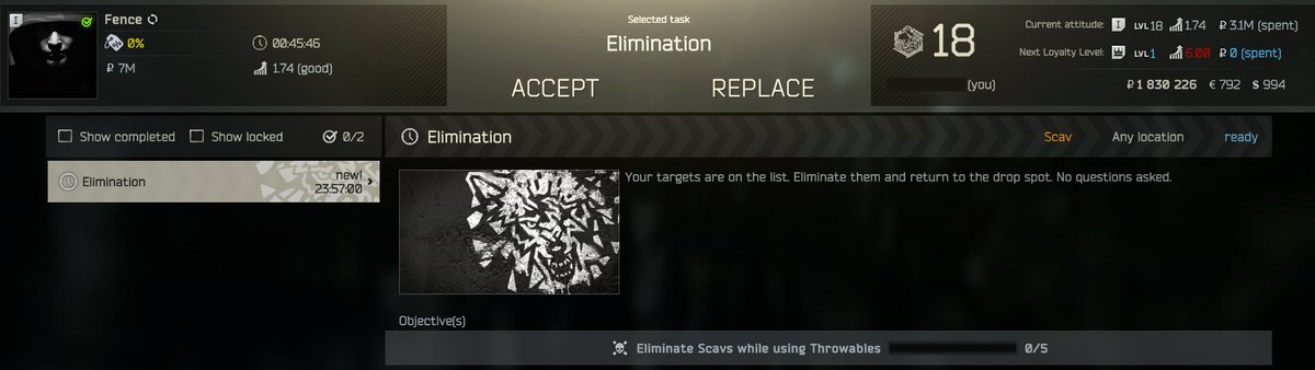 R3D_Art's tweet photo. @bstategames So just got this as a Task from Fence. Seems counter productive to kill Scavs as a Scav since I'll lose Rep for every single one? https://t.co/f0A0F5t1cD