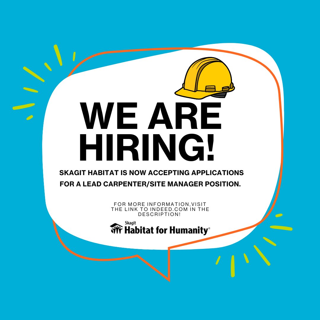 SHFHS's tweet photo. Skagit Habitat for Humanity is now hiring a full-time Lead Carpenter/Site Manager! This position will be tasked with assisting our Project Manager with construction activity and volunteer management.

Interested? Visit https://t.co/VfAwEBzKmK for more information. https://t.co/ljnexnSRfU