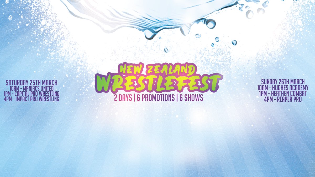 Have you heard about Wrestlefest yet?? Its New Zealand first Wrestling Festival, 2 Days, 6 Companies, 6 Shows, 
See shows from, IPW, Maniacs United, CPW, Reaper Pro, Heathen Combat and the Hughes Academy. 

Tickets available now:
hughesacademy.co.nz/event-details/…