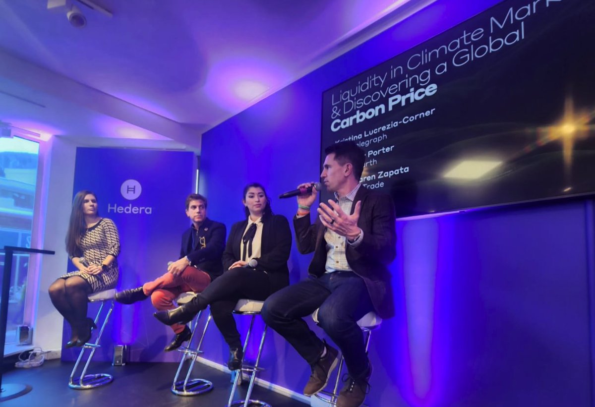 Today in #Davos alongside #WEF23, Tolam Earth CEO Matthew Porter spoke at the @Hedera Haus on 'Liquidity in #ClimateMarkets & Discovering a Global #CarbonPrice.'

Scaling the market 25x in 8 years will require a focus on methodologies & policies! 

@meporter @anakarenss @neilcohn