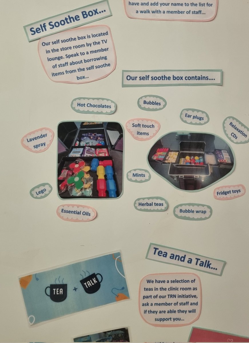 New self soothe display designed to help support patients coping skills and offer a visual of things staff can support with.