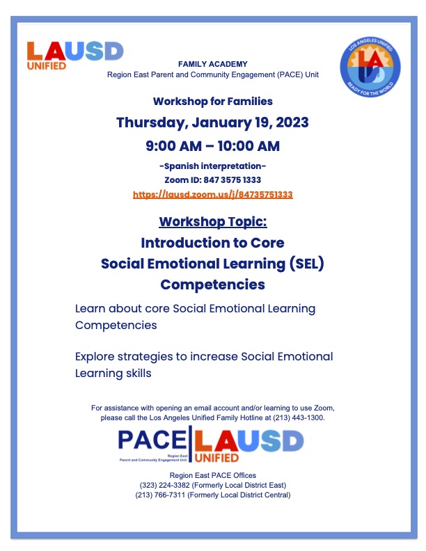 Join our Region East Family Academy Workshop on Thursday, January 19th starting at 9 a.m. Zoom ID 847 3575 1333.