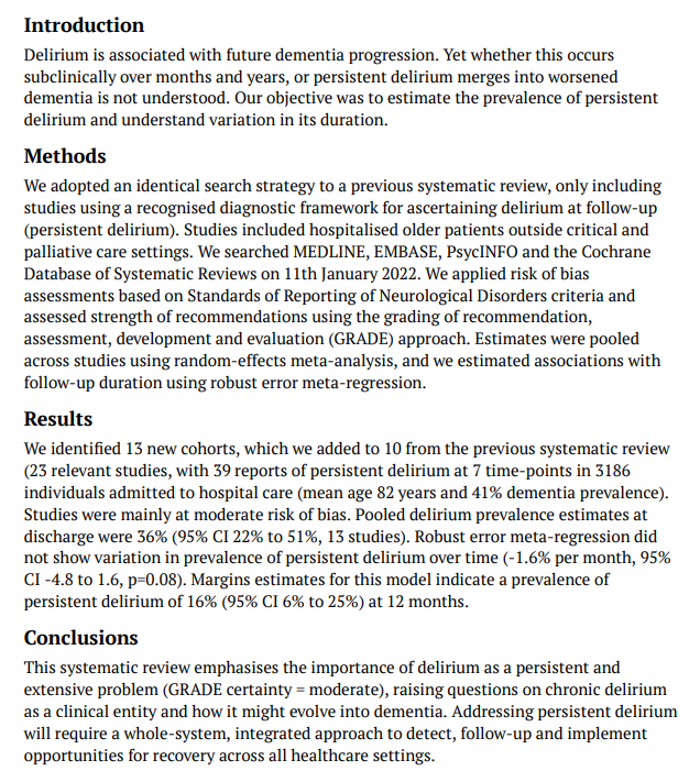 A_MacLullich's tweet photo. 📕 Important new systematic view on persistent #delirium

➡️ Various study durations

➡️ Delirium on discharge in 36% of pts 

➡️ Some pts may never recover

🔸 Conclusion: a major &amp; largely unaddressed clinical problem

@DeliriumJournal 

🔗 Open access: https://t.co/lSkpsGQUHx https://t.co/7EDTn5OJZW
