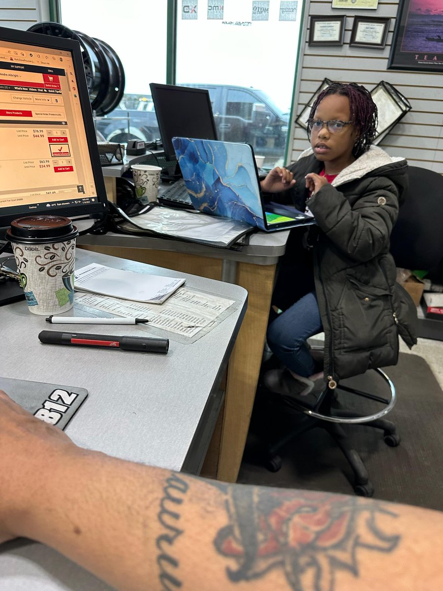 Since there is no school today Lola-Ann went to work with her granddad as his assistant manager.