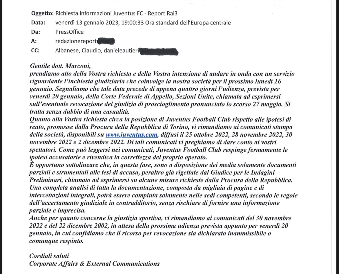 juventusfc's tweet image. Venerdì scorso la redazione di @reportrai3 ha chiesto alla Società di sapere quale fosse la posizione rispetto all'inchiesta oggetto della trasmissione appena andata in onda.

Questa la risposta inviata da Juventus poche ore dopo, solo parzialmente citata in onda.