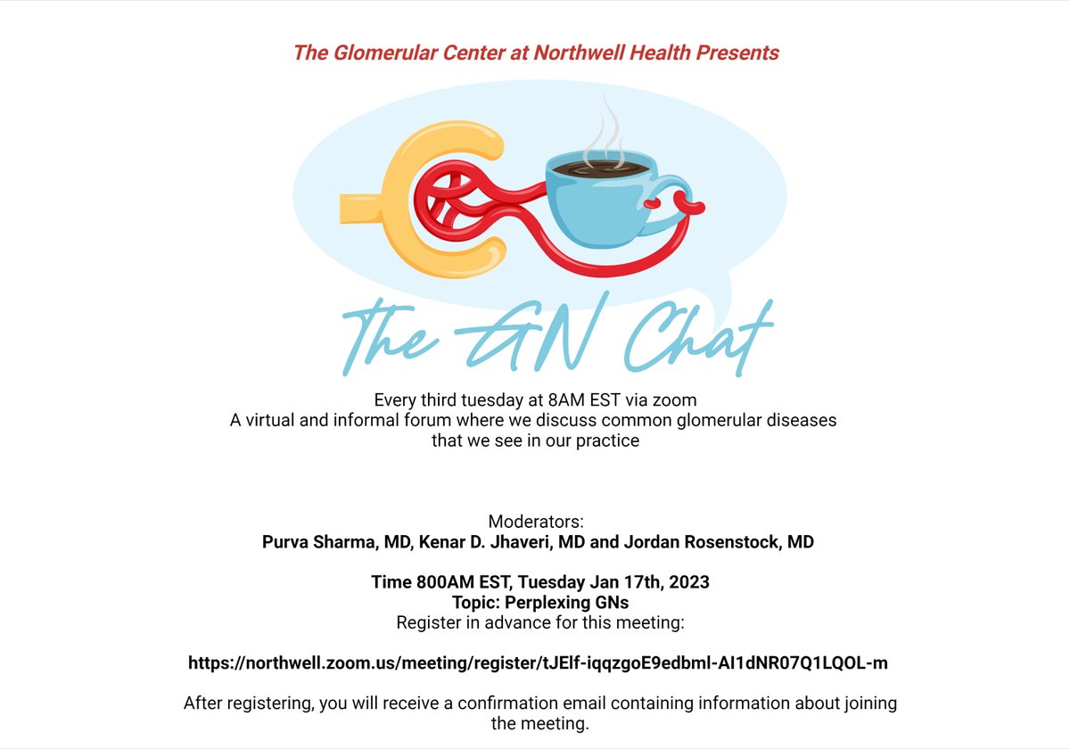 kdjhaveri's tweet photo. Tomorrow 8AM EST #GNchat starts again for 2023--Join us for some perplexing GNs... tough and fun cases @onconephsociety @purvasharma821 @HofstraKidney via zoom meeting
https://t.co/tPnxwPsyru https://t.co/DElvub9ugK