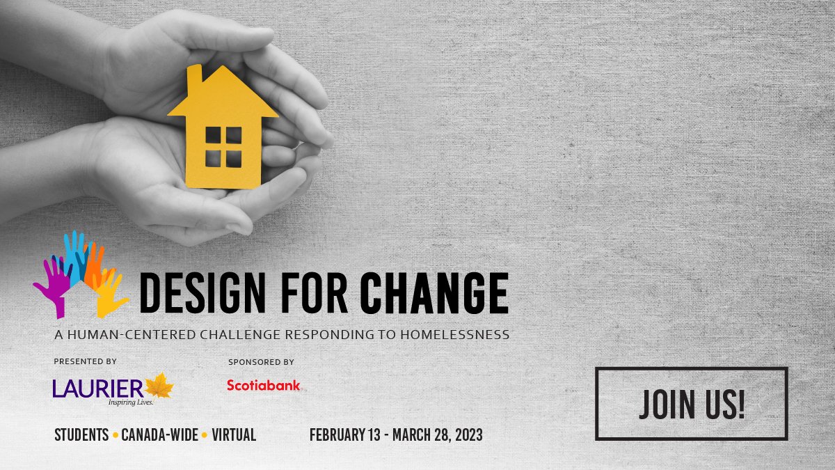 Sign up now for Design for Change, a human-centered design challenge responding to homelessness. It'll be a great chance for post-secondary students to hone your research skills, compete for prizes, and contribute to positive change! Learn more/register at bit.ly/D4Ctj