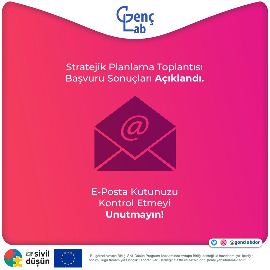 Gençlik Laboratuvarı Derneğimiz tarafından hazırlanan AB Sivil Düşün Programı tarafından desteklenen “Birlikte Güçleniyoruz” projemizin Strateji Planlama Toplantısı için açtığımız başvurunun sonuçları açıklandı.Formu dolduranların e-posta kutularını kontrol etmelerini rica ederiz