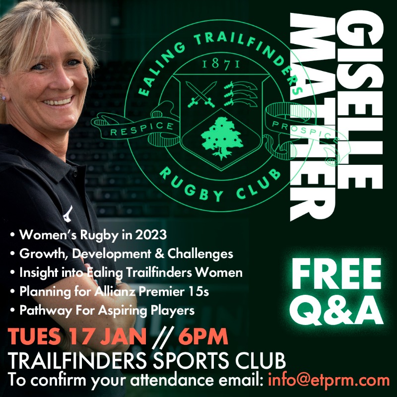 TrailfindersW's tweet photo. Join us this Tuesday evening for our 𝐅𝐑𝐄𝐄 𝐐&amp;𝐀 with Director of Women's Rugby Giselle Mather! 

▪️ Insight into our AP15s planning
▪️ Pathway for aspiring players
▪️ Women's rugby in 2023

Sign up for 𝐅𝐑𝐄𝐄 ⬇️ 

#EalingTrailfindersWomen 🟢⚪️