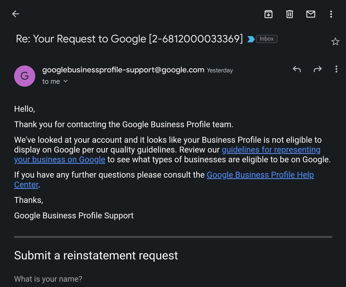 chuck_coit's tweet photo. @GoogleMyBiz this has to be the 10th time I have received this automated bot message. Why do you make this process so hard on people. I'm sure if there were clear direction, I could fix the problem and begin buying ad space. https://t.co/x3dB2C10hg