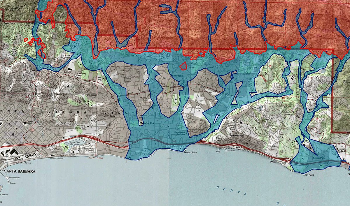 RetroCoast's tweet photo. This is why Santa Barbara is flooding. It's not "climate change."
Santa Barbara County is located on a narrow strip of land between the mountains & sea called an alluvial flood plain.
The mountains catch the clouds & rain, it drains back into the sea- and has done this forever. https://t.co/i2Fc22YnsU