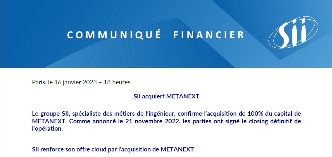 GroupeSII's tweet photo. [#Finance] Le Groupe SII acquiert @metanext. SII accélère son développement sur l’expertise #Cloud. Une opération qui présente de nombreuses synergies commerciales, géographiques et métiers.

Lire le communiqué 👉 https://t.co/2moL7M7YBt
@CharlesMAUCLAIR @francoisgoalab1 https://t.co/BxTSWOJM1B