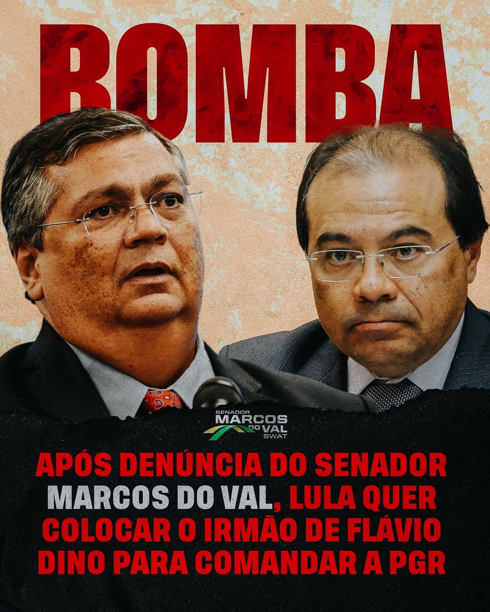 marcosdoval's tweet image. *Bomba:* Após as denúncias que venho fazendo sobre a prática de crime de prevaricação pelo Presidente Lula e pelo Ministro da Justiça Flávio Dino (Eles sabiam um dia antes), Lula quer colocar simplesmente o irmão do Ministro da Justiça Flávio Dino para substituir Augusto Aras-PGR