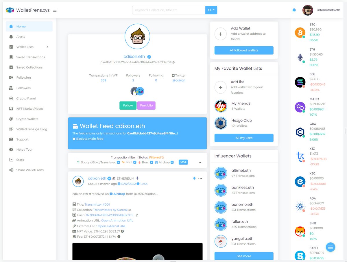 WalletFrensXYZ's tweet photo. We had a small update today.
Now you can also add wallet addresses or .ETH addresses directly into the search bar.
#walletfrens #opensea #hexgo #nfts #NFTCommunitys #NFT #NFTartwork #nftcollectorclub https://t.co/D8jlh4MNYX