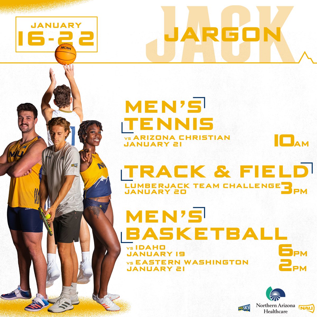 More Indoor <a href="/NAUTrackFieldXC/">NAU Track & Field/XC</a>, ✌️ <a href="/NAUBasketball/">NAU Men's Basketball</a> games and the first home match of the year for <a href="/NAUMensTennis/">NAU Men's Tennis</a> ! Go Jacks!
#RaiseTheFlag
