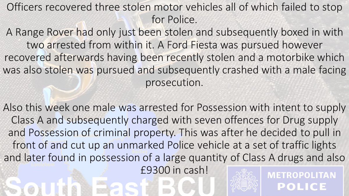 #Goodwork 🚨

Great work by our South East Violence suppression unit last week. 

3⃣ Stolen motor vehicles recovered 
1⃣ Male arrested for possession with intent to supply class A 

Plus more below 👇