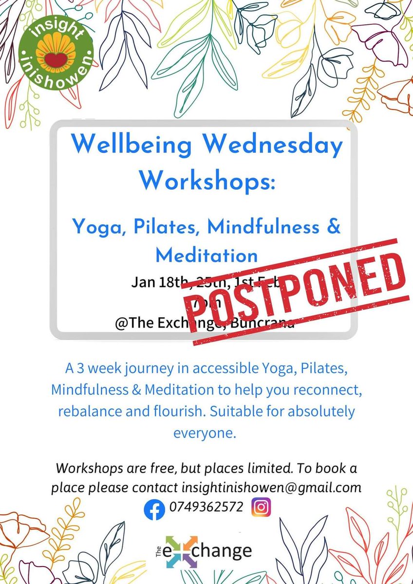 InsightInish's tweet image. Unfortunately our Wellbeing Programme scheduled to start this week has now been postponed! Yoga will begin next Wed 25th Jan.